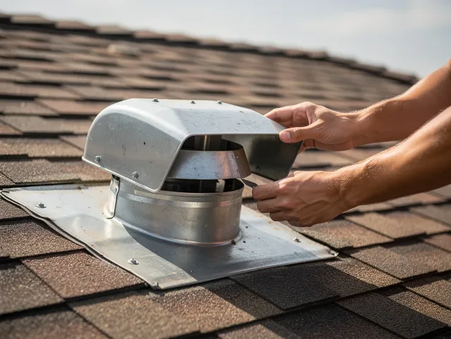 Solon Dryer Vent Cleaning certified technician safely cleaning a roof-mounted dryer vent in Solon