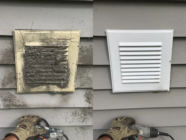 Solon Dryer Vent Cleaning technician installing high-quality dryer vent cover at a residential property in Solon