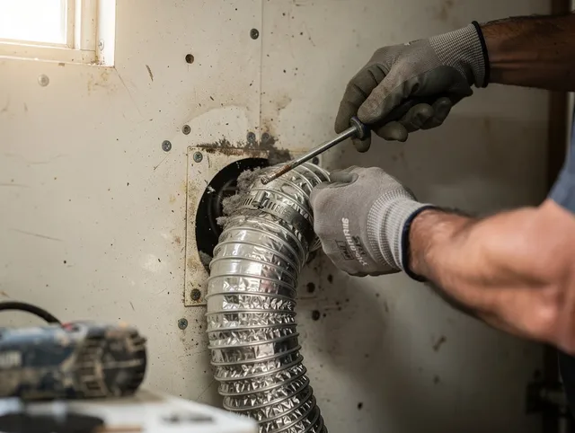 Solon Dryer Vent Cleaning technician performing precise dryer vent hose installation in Solon